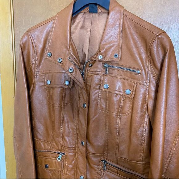 REHBRAUN Jacket Germany Faux Leather Vegan Snap Zip Petite Womens M PM Brown - Picture 8 of 14